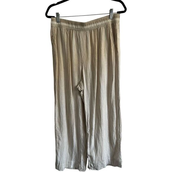 Tahari Tan White Striped Linen Wide Leg Pants Size L Drawstring Beachy Coastal - Picture 1 of 11